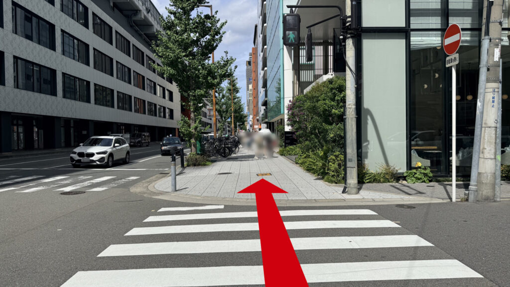 信号のある横断歩道と対岸のビルが立ち並ぶ歩道